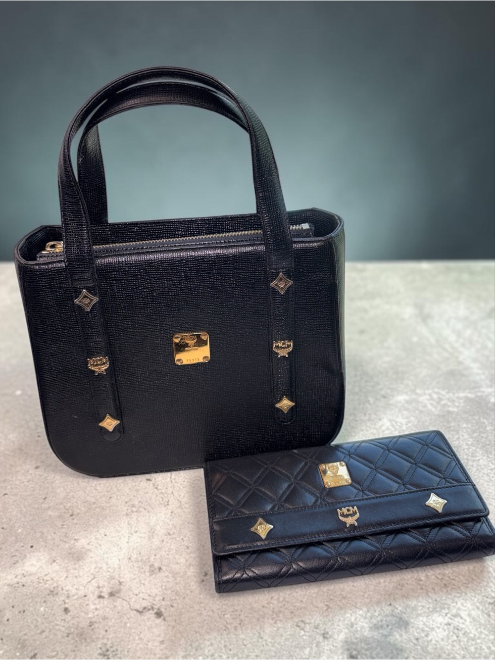 MCM Black Leather Tote Bag + Matching Quilted Long Wallet Set w Gold Hardware